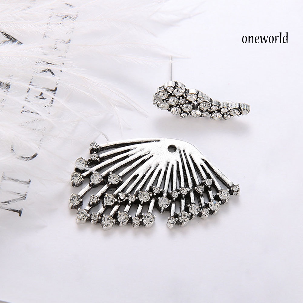 OW@ 1Pc Vintage Fan Shape Rhinestone Asymmetric Earrings Ear Jacket Women Jewelry