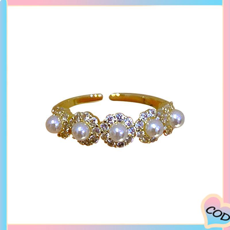 COD❤️Double-layer Retro Pearl Diamond Ring Niche Light Desain Mewah Cincin Dapat Disesuaikan Terbuka-A.one