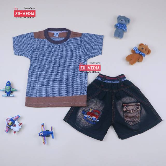 Setelan Salur Jeans uk 1-2 Tahun / Kaos Anak Murah Celana Jeans Murah Setelan Lengan Pendek Laki