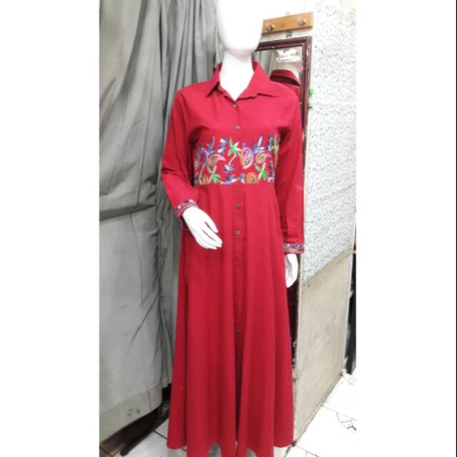 Gamis bunga katun merah