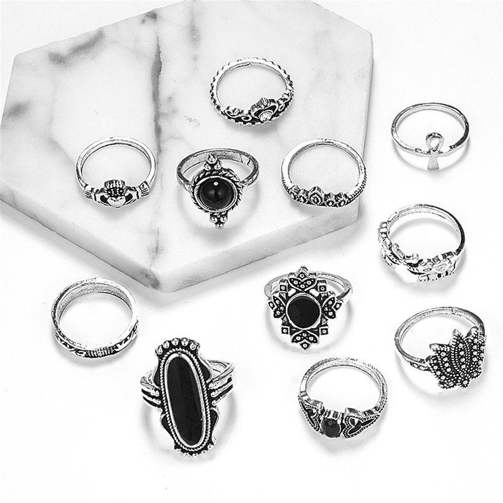 Preva 11pcs/Set Cincin Wanita Set Punk Pernikahan Batu Hitam Gaya Gothic