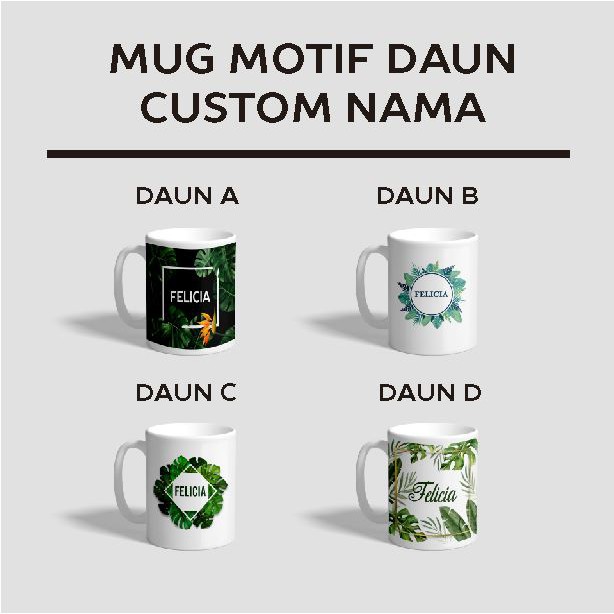 Mug Gelas  Sablon Custom Nama Motif Daun  Monstera Souvenir 