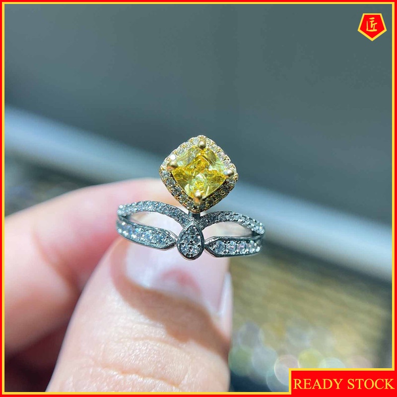 [Ready Stock]Classic Citrine Love Heart-Shaped Micro-Inlaid Crown Open Ring