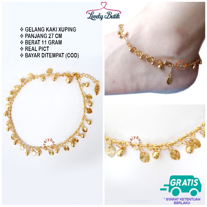 Gelang Kaki Aksesoris Perhiasan Xuping Dewasa Lapis Emas Gold Motif Bola Daun Leaf - Lovelybutik