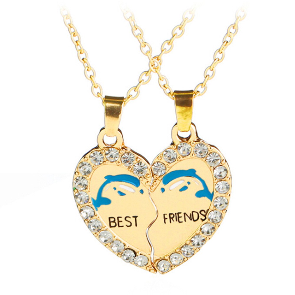 New BEST FRIENDS Dolphin Heart Silver Tone 2 Parts Pendants Necklace