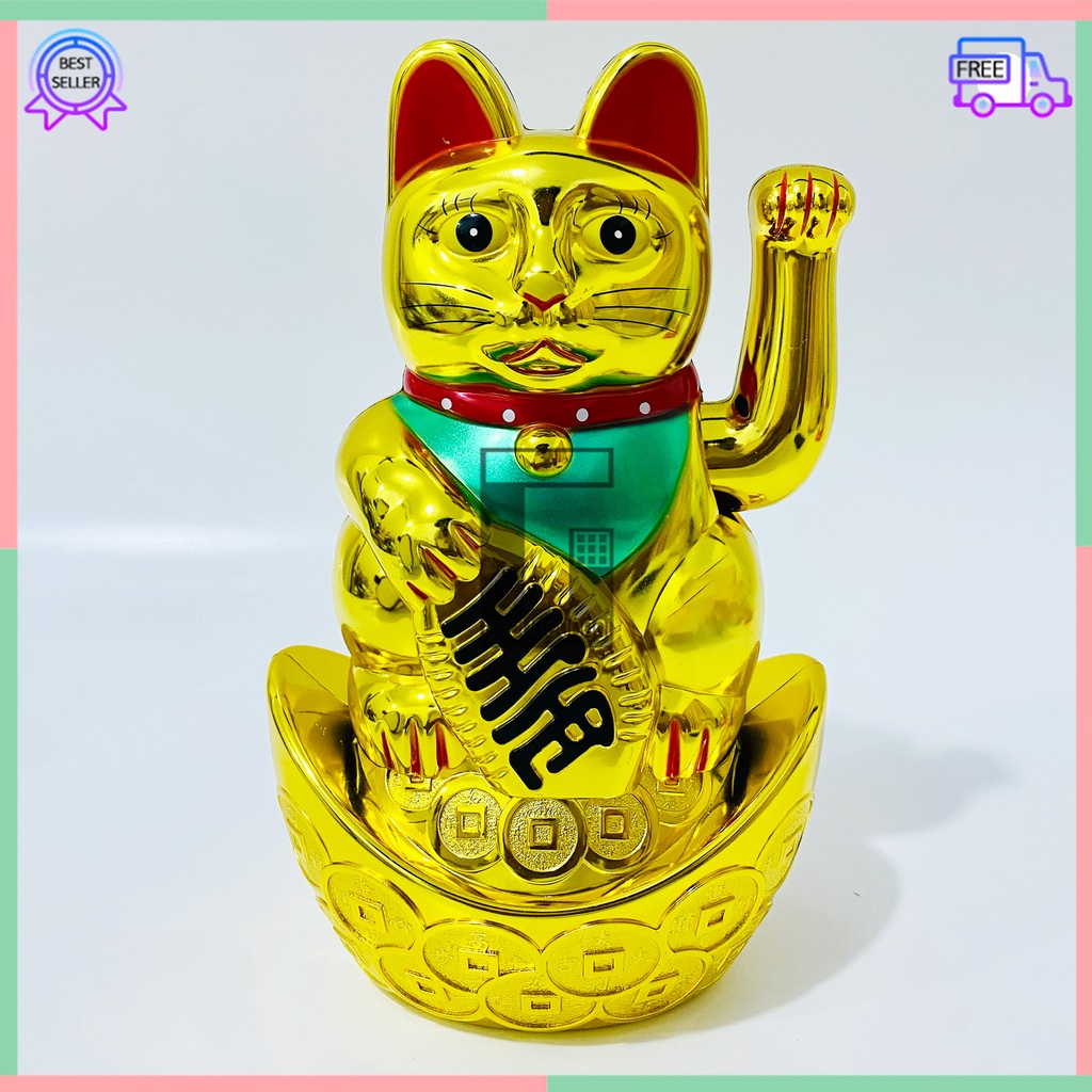 Patung Hiasan Dekorasi Boneka Pajangan Kucing Hoki Keberuntungan Lucky Cat Rejeki Maneki Neko Maneko Neki Emas Gold Tangan Gerak Goyang Baterai Batre Batrai Batrei Non Solar Listrik Cina China Jepang Meja Toko Kasir Size Ukuran Kecil Sedang Medium Besar