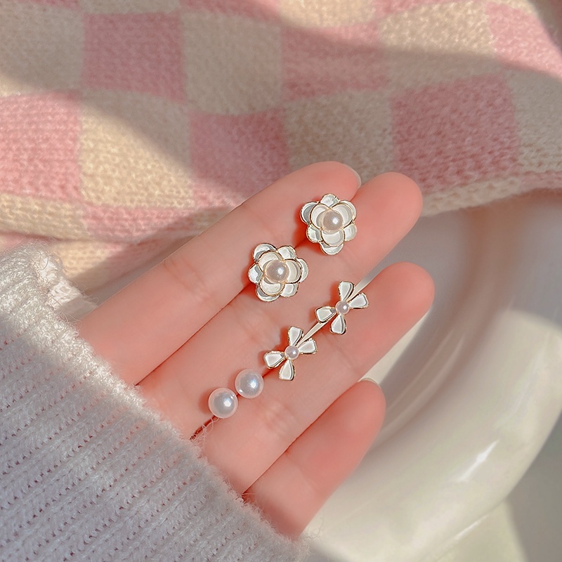 Set Anting Stud Mutiara Camellia Bahan S925 Silver Gaya Elegan Untuk Wanita