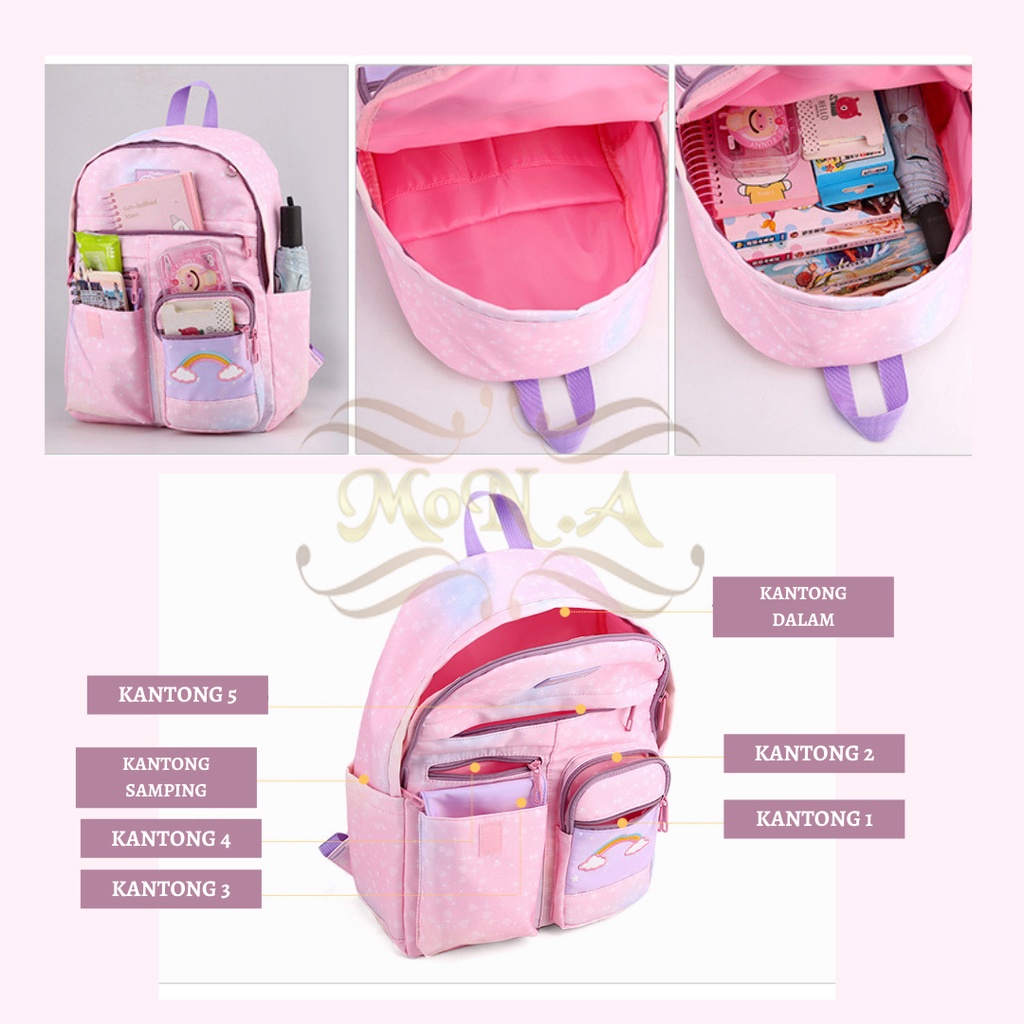 [MTOYS] TAS SEKOLAH RANSEL ANAK CEWEK  BISA UNTUK TK/SD/SMP  PASTEL PELANGI CANTIK LUCU WATERPROOF - KUALITAS  IMPORT PREMIUM - M0177