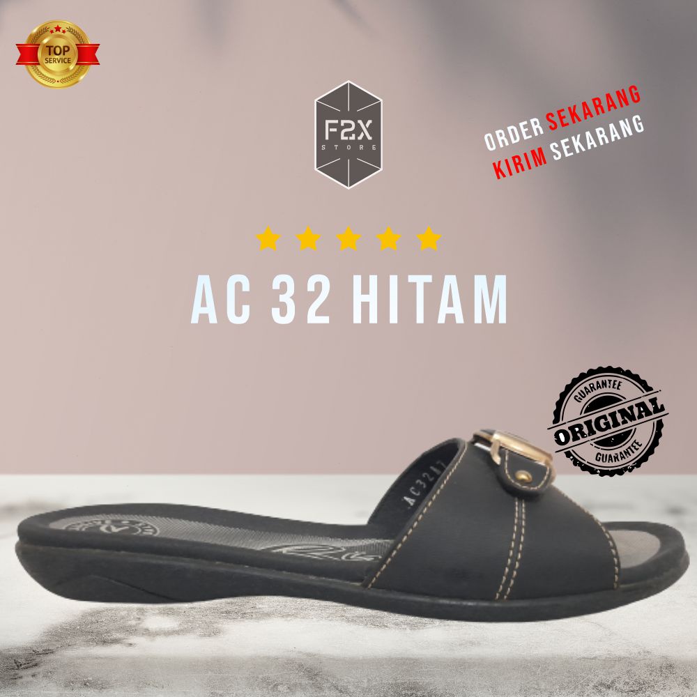 SANDAL WANITA / SENDAL WANITA SLOP FLAT TRENDY MURAH RINDI AC 32 HITAM ORIGINAL