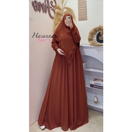 Gamis syari hasanah bahan ceruty baby doll premium full furing / busui / resleting-Bata