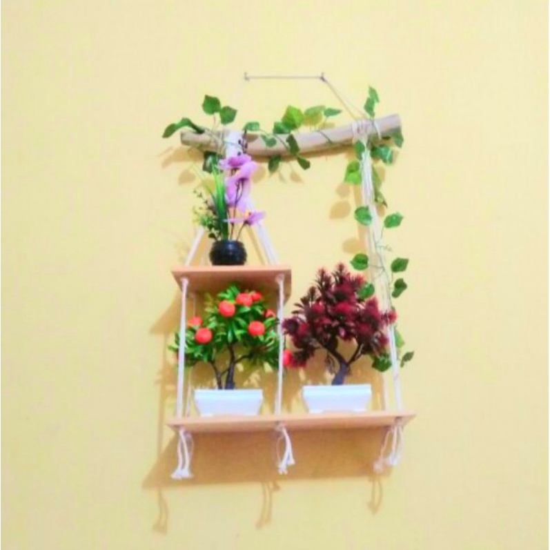 MACRAME HANGING SHELF RAK GANTUNG 2 TINGKAT RAK DINDING AMBALAN TALI AMTALI