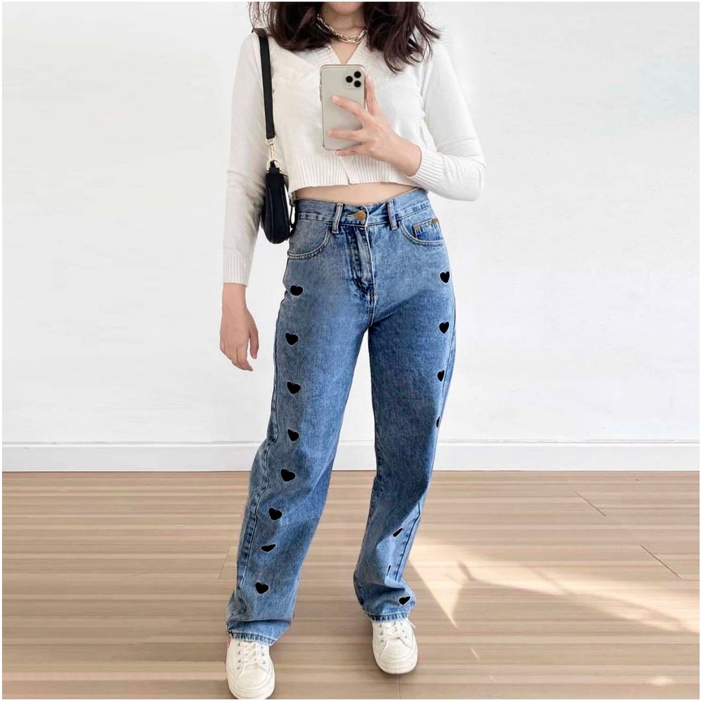 HOPYLOVY Celana Boyfriend Jeans Wanita Loose Jeans Bordir Love Avanti