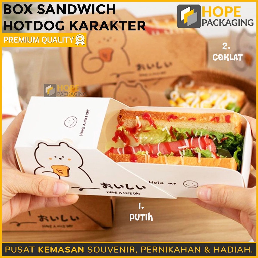 [ 3 PCS ] Box Sandwich hotdog Karakter + plastik pembungkus motif beruang / kotak sandwich warna putih dan coklat / kotak roti