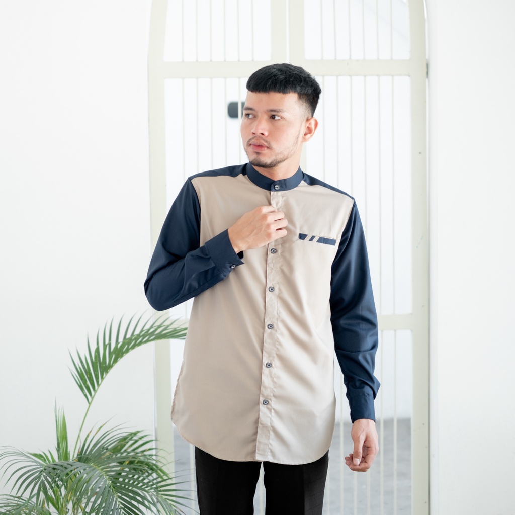 Kemeja Koko Pria Lengan Panjang Bahan Toyobo Premium Model Baju Koko Pria Lengan Panjang Kombinasi 2 Warna Raglan