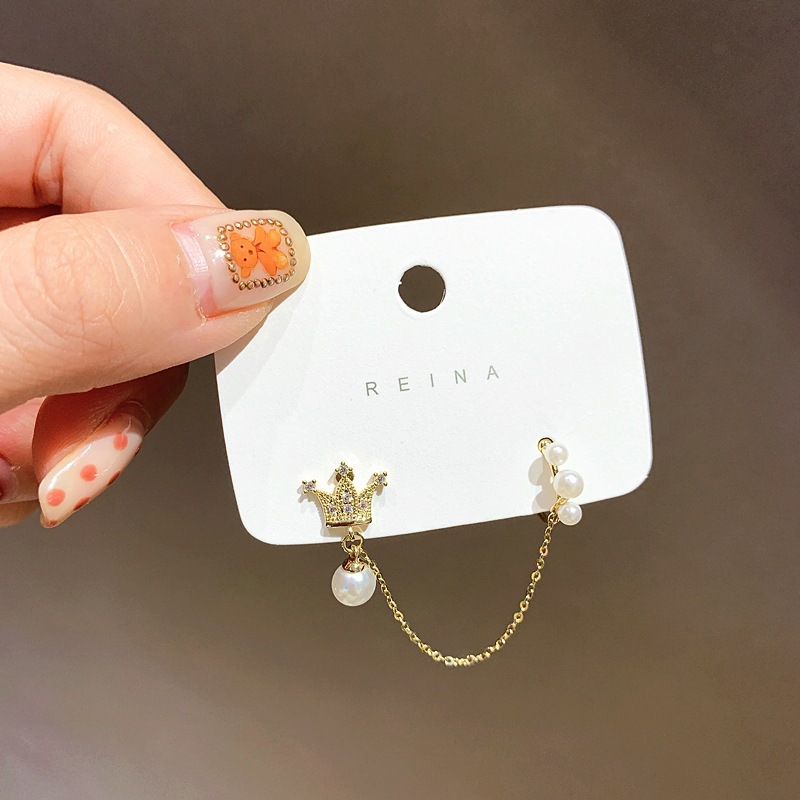 Anting Tusuk Sterling Silver 925 Desain Mahkota Hias Mutiara + Berlian Gaya Korea Untuk Wanita