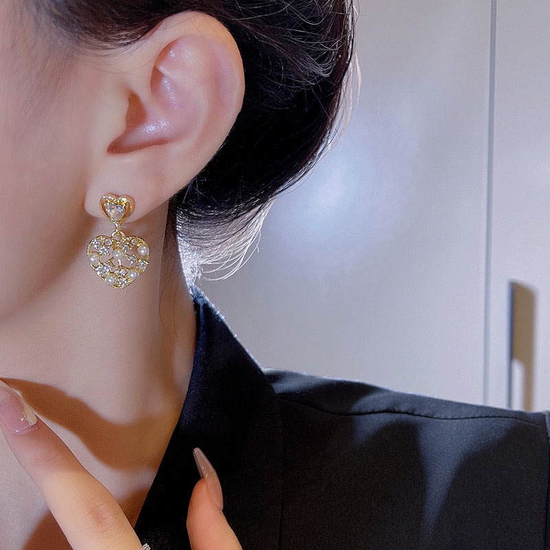 Anting stud 925 silver needle Bentuk Hati Aksen Mutiara Berlian Imitasi Untuk Wanita