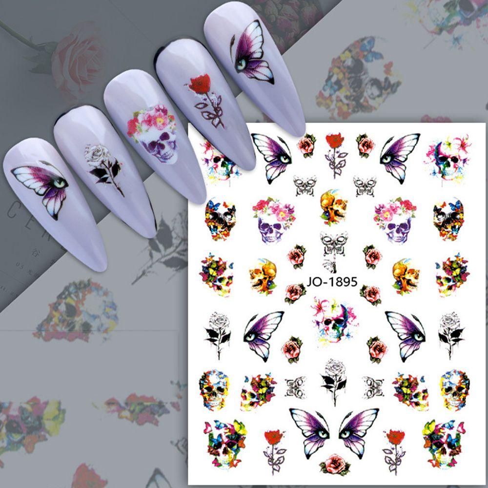 AUGUSTINA Agustinina Halloween Stiker Kuku Fashion Perekat Diri Joker Spider Skeleton Pola Labu Halloween Kuku Foil