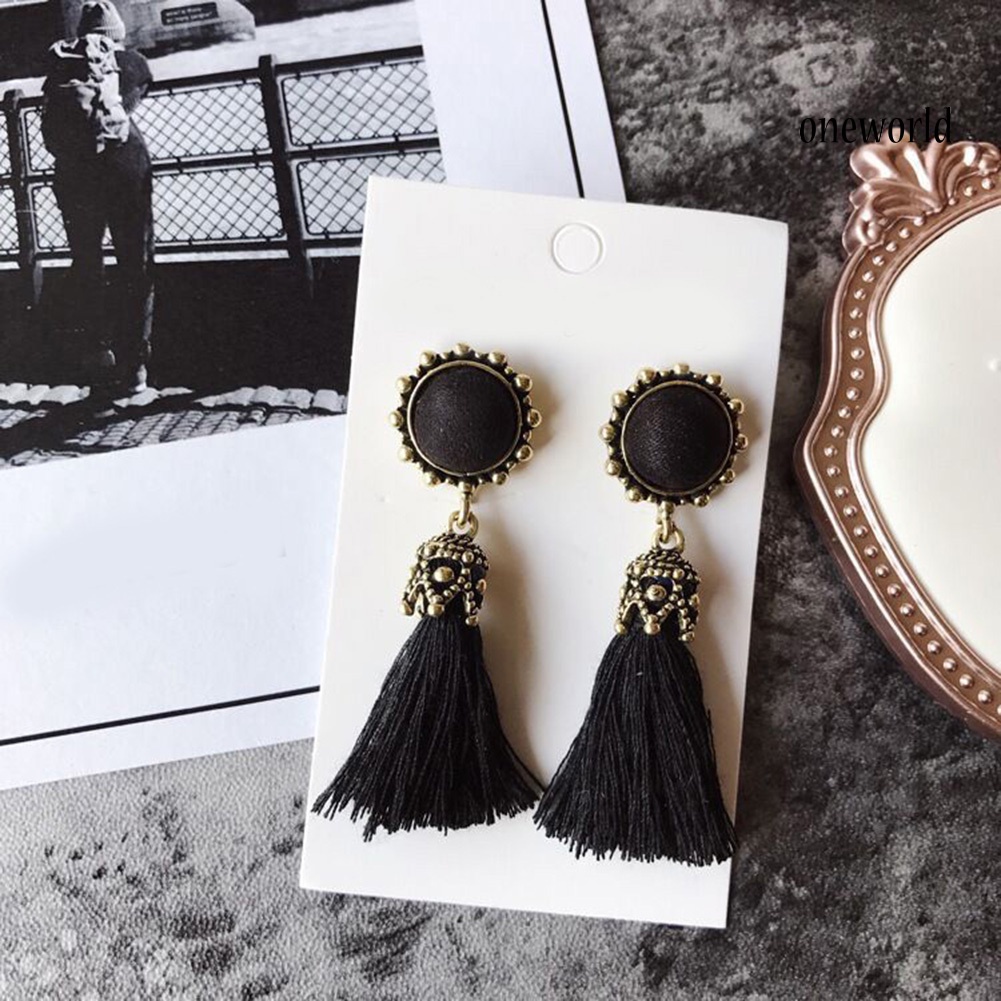 OW@ Vintage Women Tassel Fringed Drop Round Ear Stud Earrings Statement Jewelry