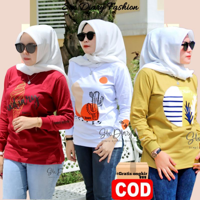 Atasan Baju Kaos wanita | Kaos Lengan Panjang Wanita Six Diary Original
