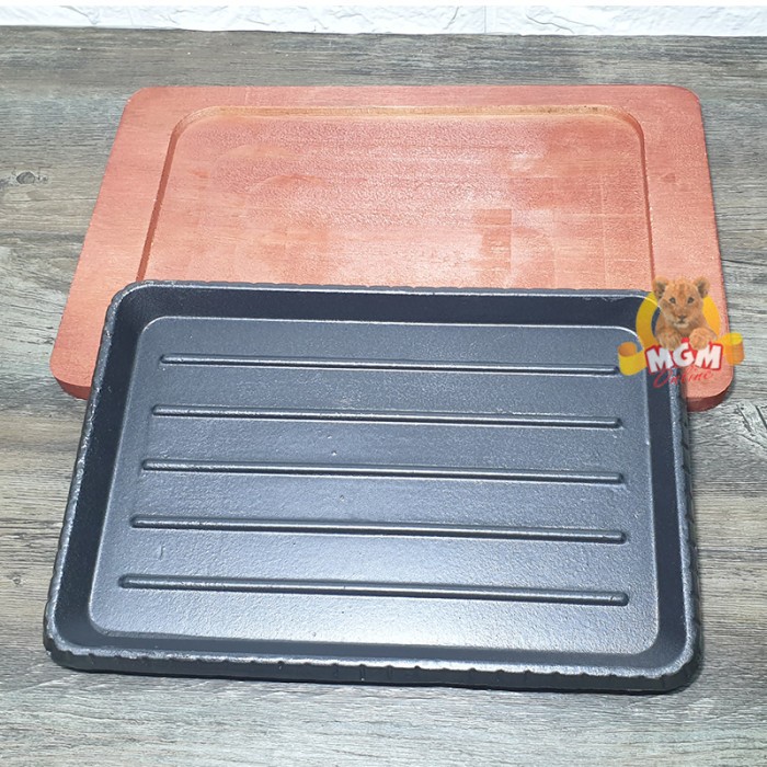 Hotplate Segi Panjang 24cm dgn alas Kayu Iron cast serving plate