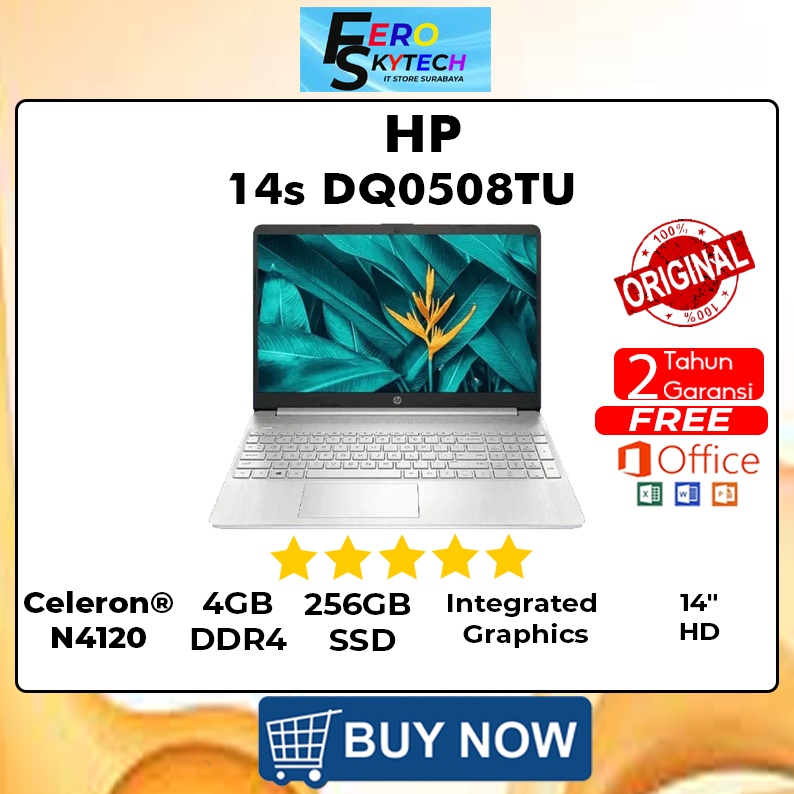 LAPTOP HP 14s DQ0508TU INTEL CELERON N4120 RAM 4GB SSD 256GB FREE WINDOWS 11 + MICROSOFT OFFICE 2021