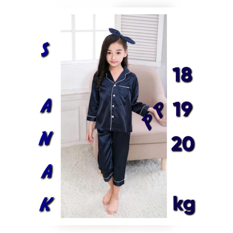 PIAMA ANAK LENGAN PANJANG SETELAN CELANA SATIN SILK POLOS