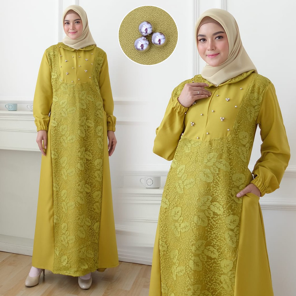 GAMIS MUSLIM DRESS WANITA WARNA GREEN HIJAU BAHAN MOSCREPE KOMBINASI BRUKAT GLITER STYLE CASUAL ORI