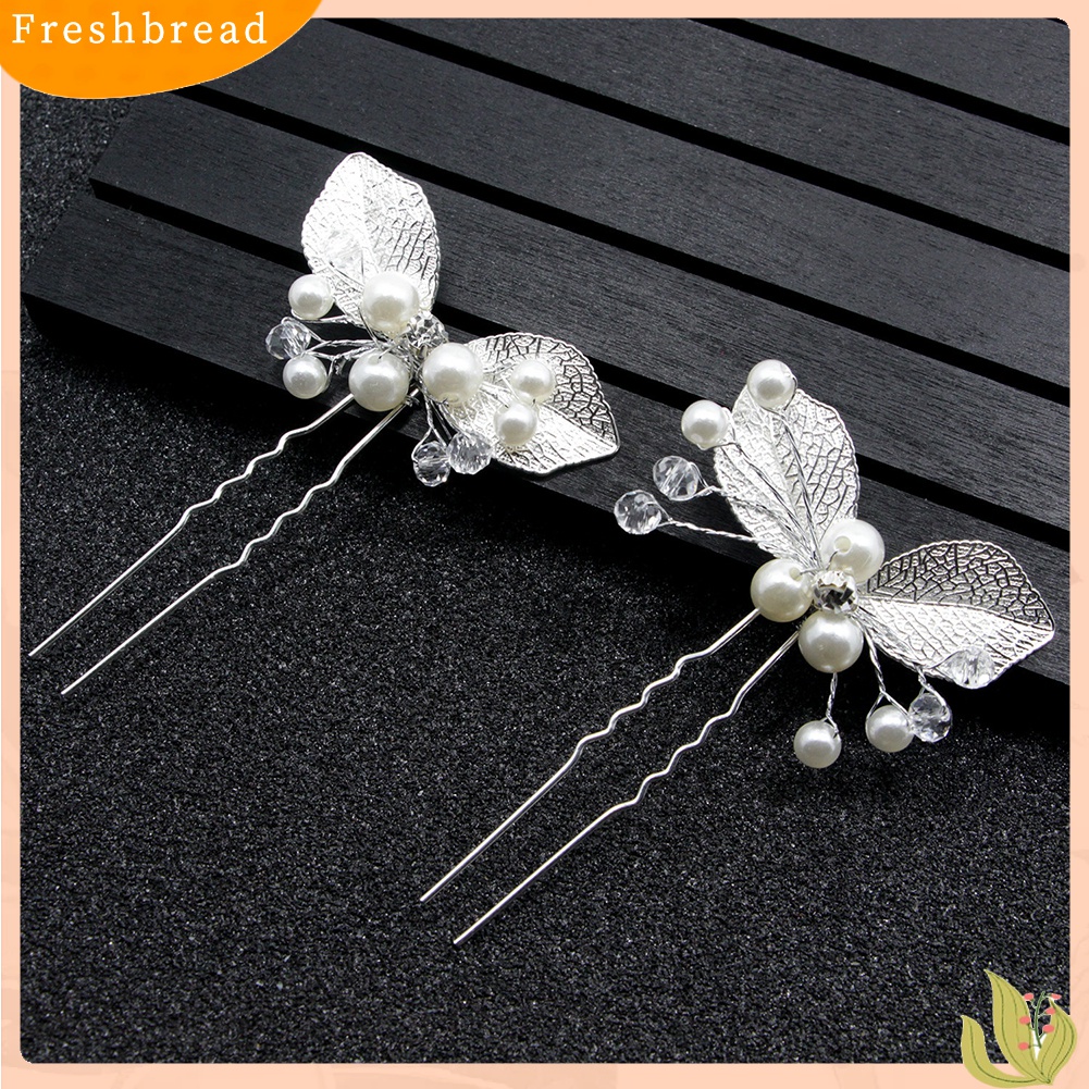 【Fresh】Bridal Wedding U Shape Leaf Rhinestone Faux Pearl Hair Stick Hairpins Gifts