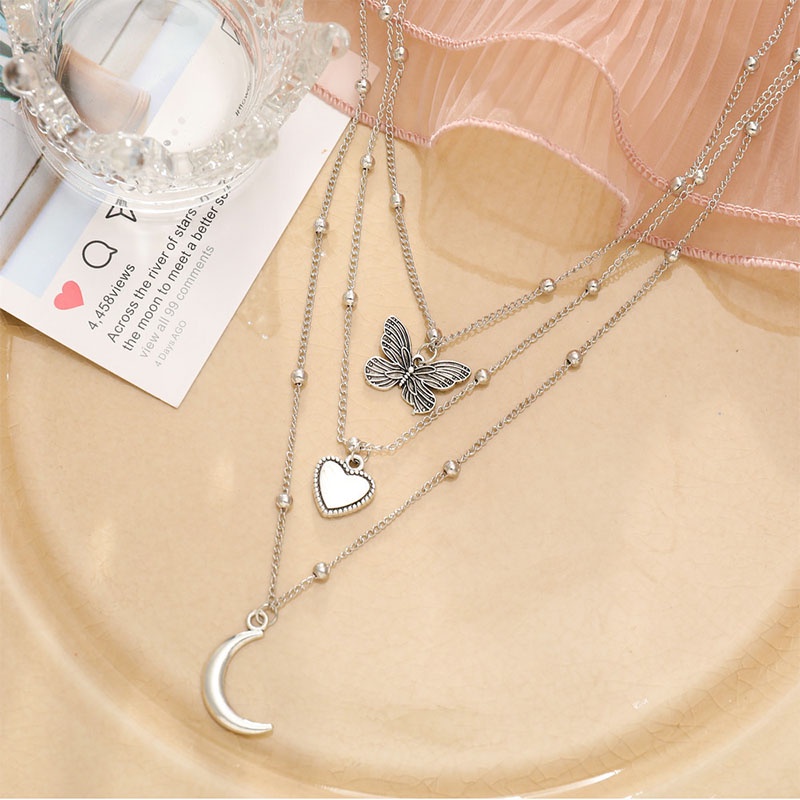 Kalung Korea Mutiara Kupu Emas Perak Rantai Multilayer Necklace Wanita Aksesoris