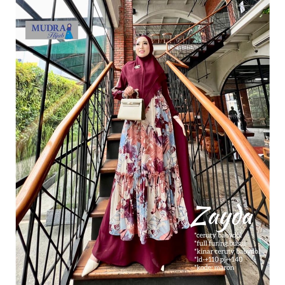 ZAYDA GAMIS SYARI CANTIK DAN ANGGUN ORIGINAL MUDRA HIJAB BAHAN CERUTY BABYDOLL FULL FURING + KHIMAR 