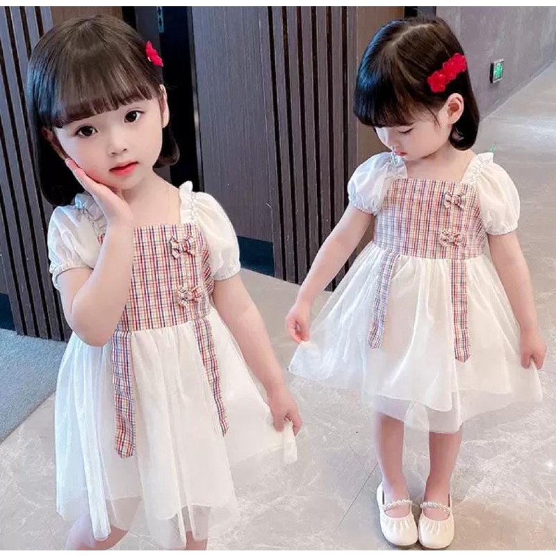 Promo !! Dress anak cewek cute -  dress tartan rubber two ribbon import uk 6bln-2th (putih)
