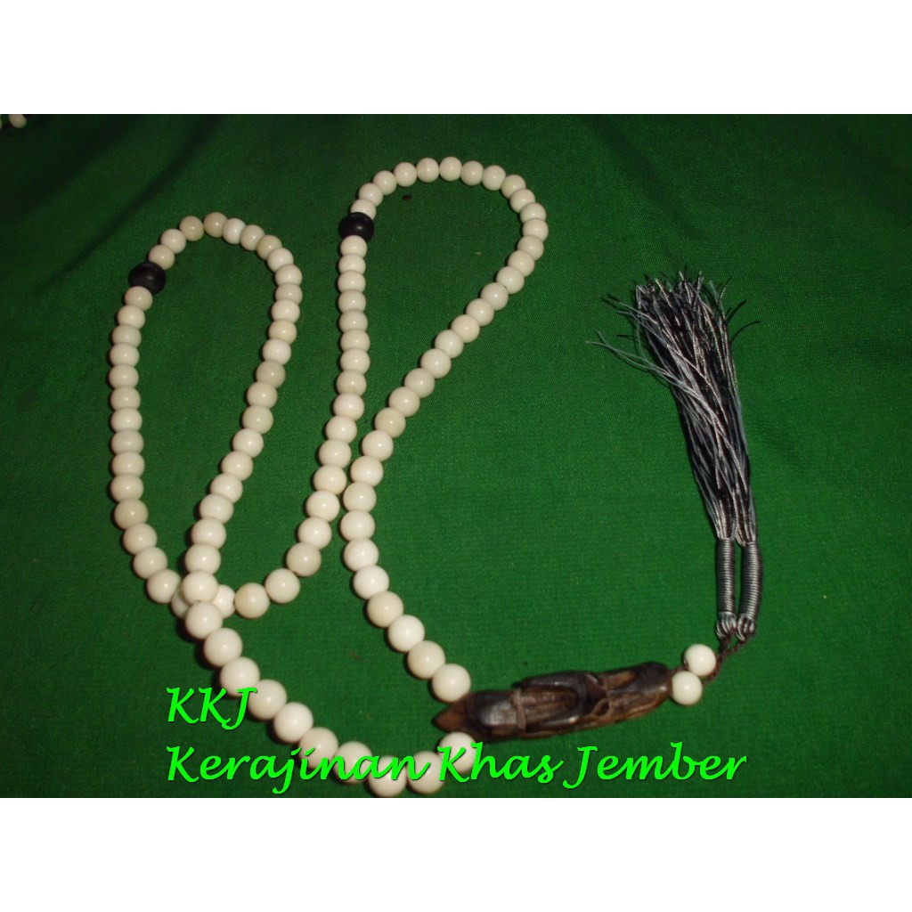 Tasbih  TULANG SAPI  kepala naga kombinasi kayu STIGI dan batu FOSIL GALIH KELOR 99 biji 8 mm
