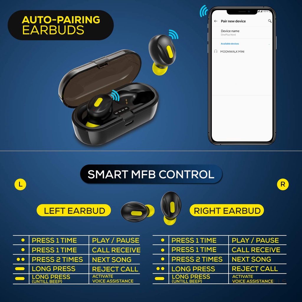 WeCool Moonwalk Mini Bluetooth Earphones Earbud dengan Casing Pengisian Magnetik IPX5 Earphone Nirkabel dengan Indikator Baterai Digital untuk Suara Tajam Earphone Bluetooth untuk Olahraga Aman Fit-yellow/kuning