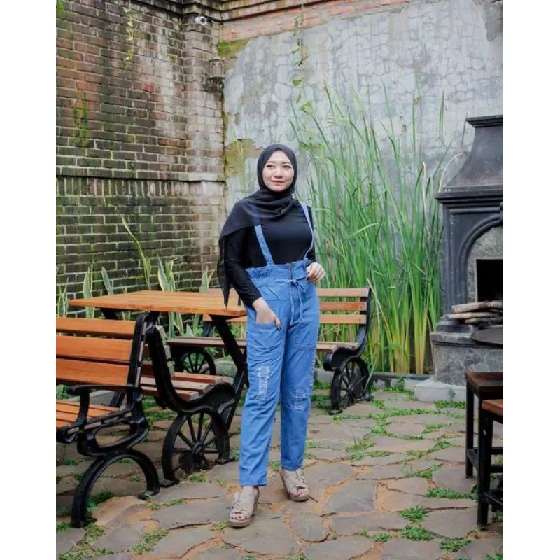 (COD) Overal Jeans Ripped Mutia - Celana Overal Wanita - Overal Cantik Jaman Now