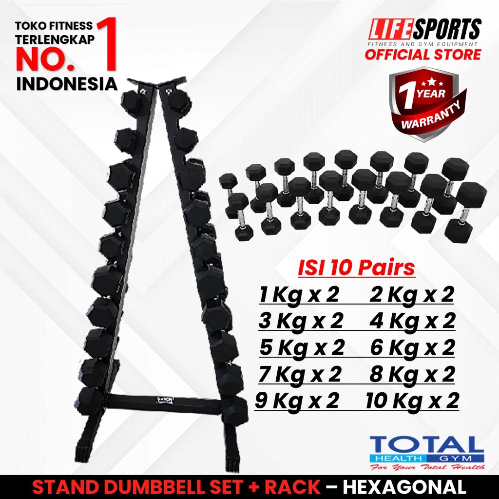 TOTAL HEALTH GYM - New Alat Olahraga Fitness Sport Gym Stand Dumbbell Dumbel Barbel Set Hexagonal + Rack Lifesports Kualitas Premium Import Original