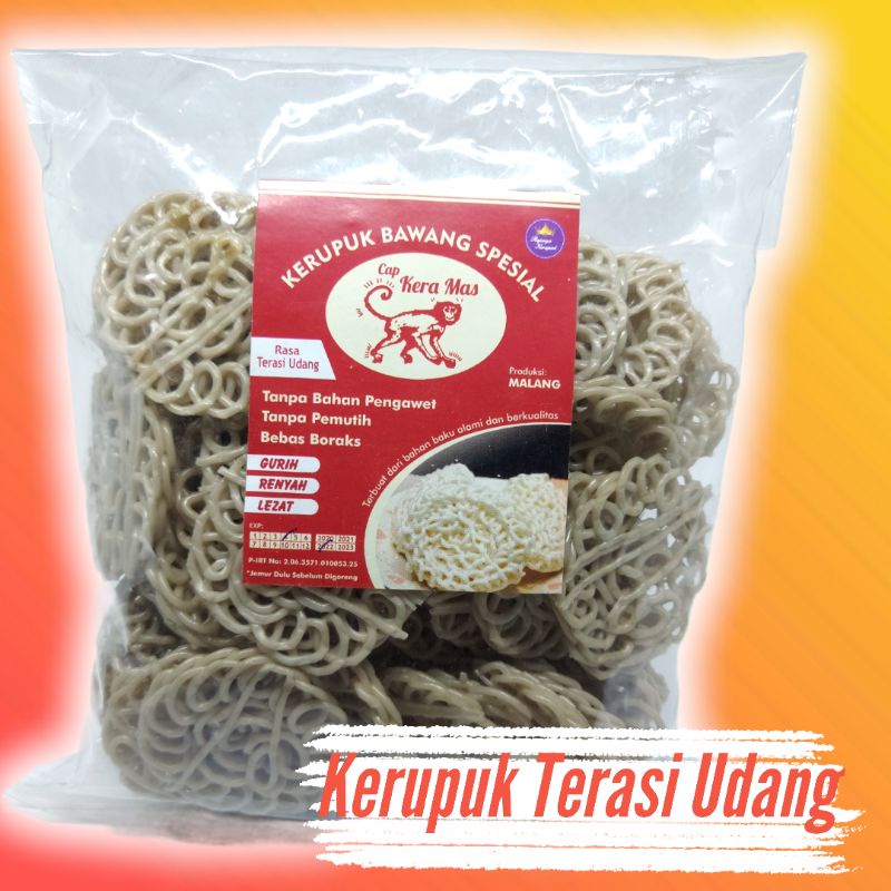 

kerupuk bawang mentah Cap Kera Mas Rasa Terasi Udang 400grm
