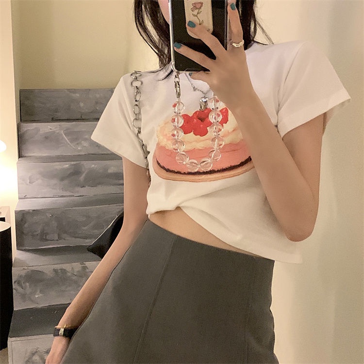 T-shirt pacar mahasiswa pendek rasa krim kue dicetak musim panas atasan longgar lengan pendek wanita