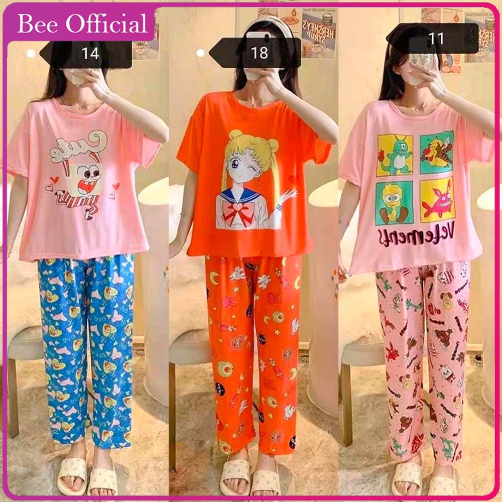 BEE - Baju Tidur Piyama Set Lengan Pendek Celana Panjang Import Premium