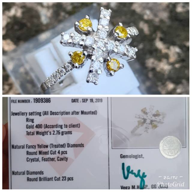 Cincin emas putih full berlian eropa, berlian putih dan fancy yellow diamond + memo..