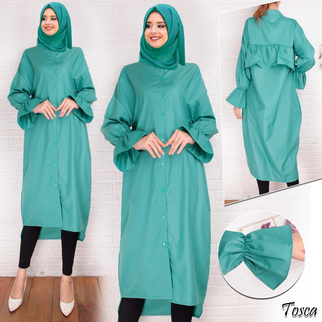 Tunik Muslim Kemeja Wanita Bahan Katun Warna Hijau Tosca / Zania