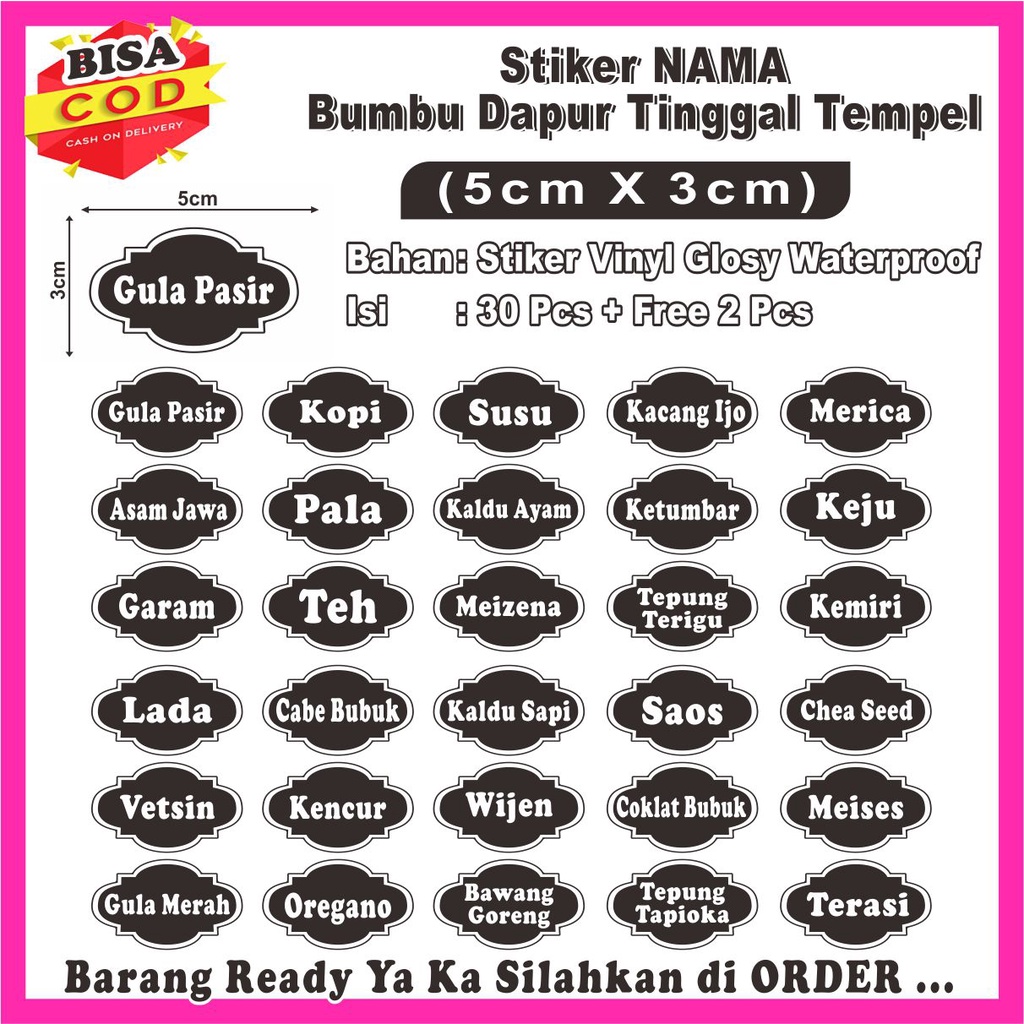 

[COD] Stiker Label Nama Bumbu Dapur Waterproof Isi 30 Pcs + Free 2 Pcs uk 3x5cm Ready Stock