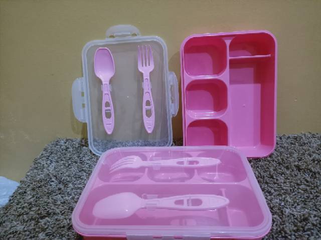 Lunch box/ Tempat makan sekat 5 sendok garpu  pink golden lemon termurah