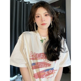 EUNII T-shirt Lengan Pendek Gradien Coretan Pencetakan Longgar Korean Style /Kaos Atasan Wanita/Baju Kaus Oversize Wanita