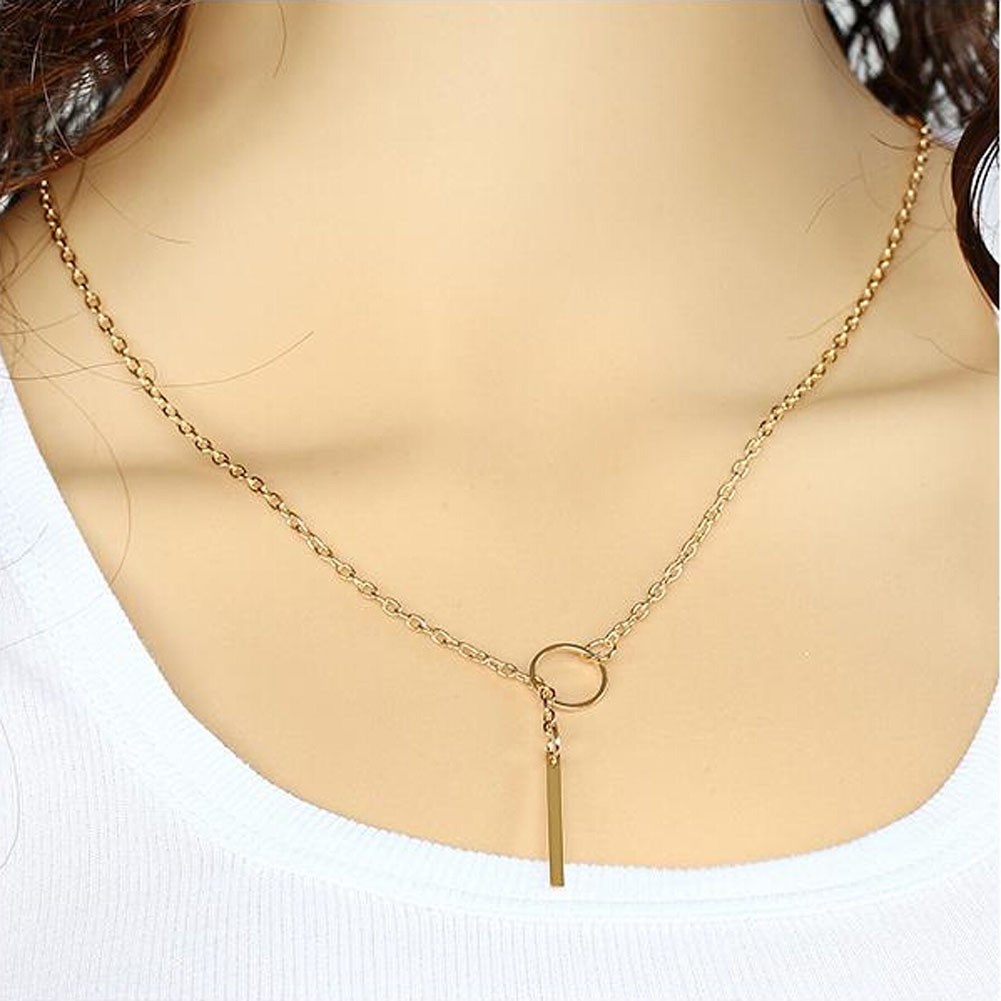 Gold Plated Metal Chain Bar Circle Lariat Necklace Long Strip Pendant Necklaces