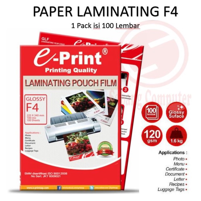 

PAPER / PLASTIK LAMINATING F4 ISI 100 LEMBAR