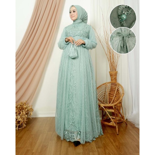 Baju Gamis Brukat Tille Mutiara Selendang