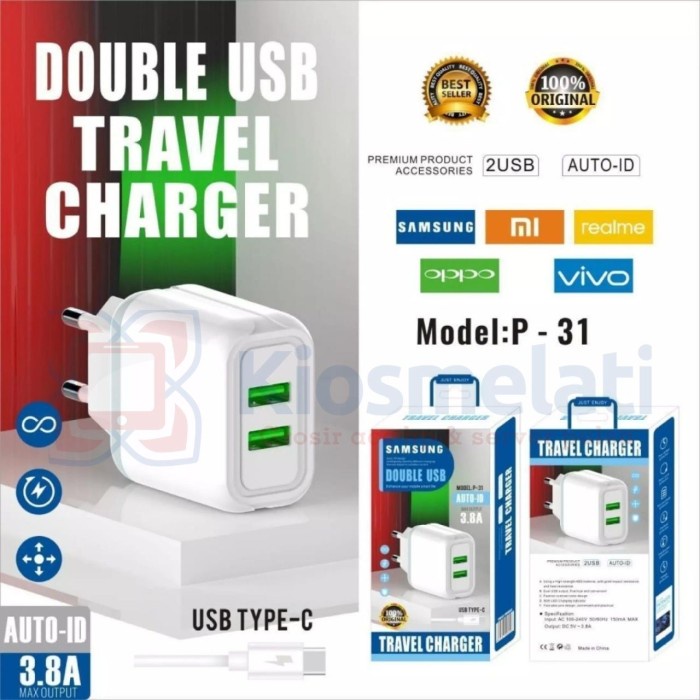 CHARGER HANDPHONE TRAVEL P-31 C TYPE C 2 USB - CHARGER TYPE C