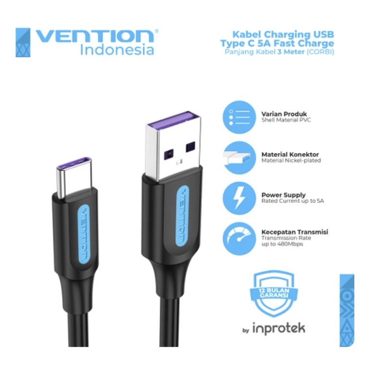 [3M] Vention Kabel USB to USB Type C Fast Charging 5A - Tipe COR