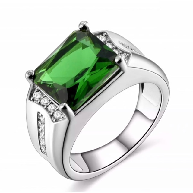 Cincin Pria Perak Akik zamrud Hijau Green Emerald Cutting Mewah Minimalis Berkelas