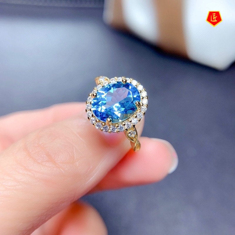 [Ready Stock]Simple Fashion Gold Natural Blue Topaz Ring